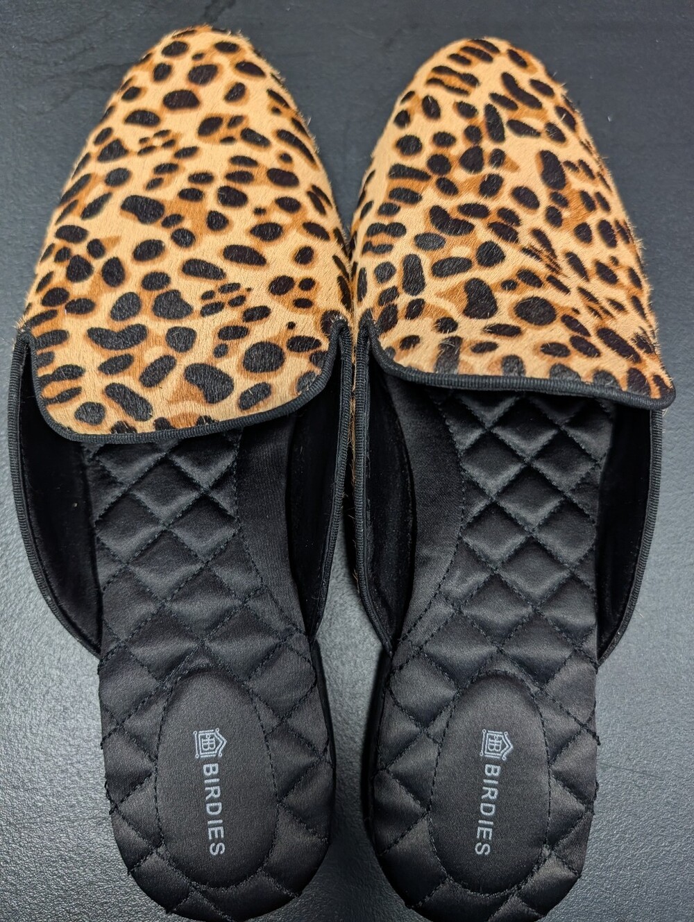 Birdies Leopard-Print Quilted Slide Mules in Tan and Black